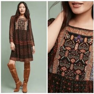 Akemi + Kin Anthropologie Embroidered Beaded Sheer Boho Mini Dress Sz S NO SLIP
